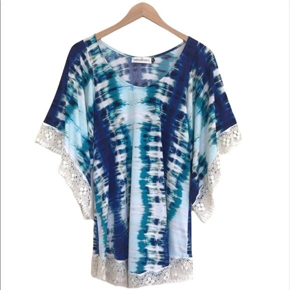 Veronica M tie dye lace beach swimsuit coverup tunic top stretch XS boho - Picture 2 of 7